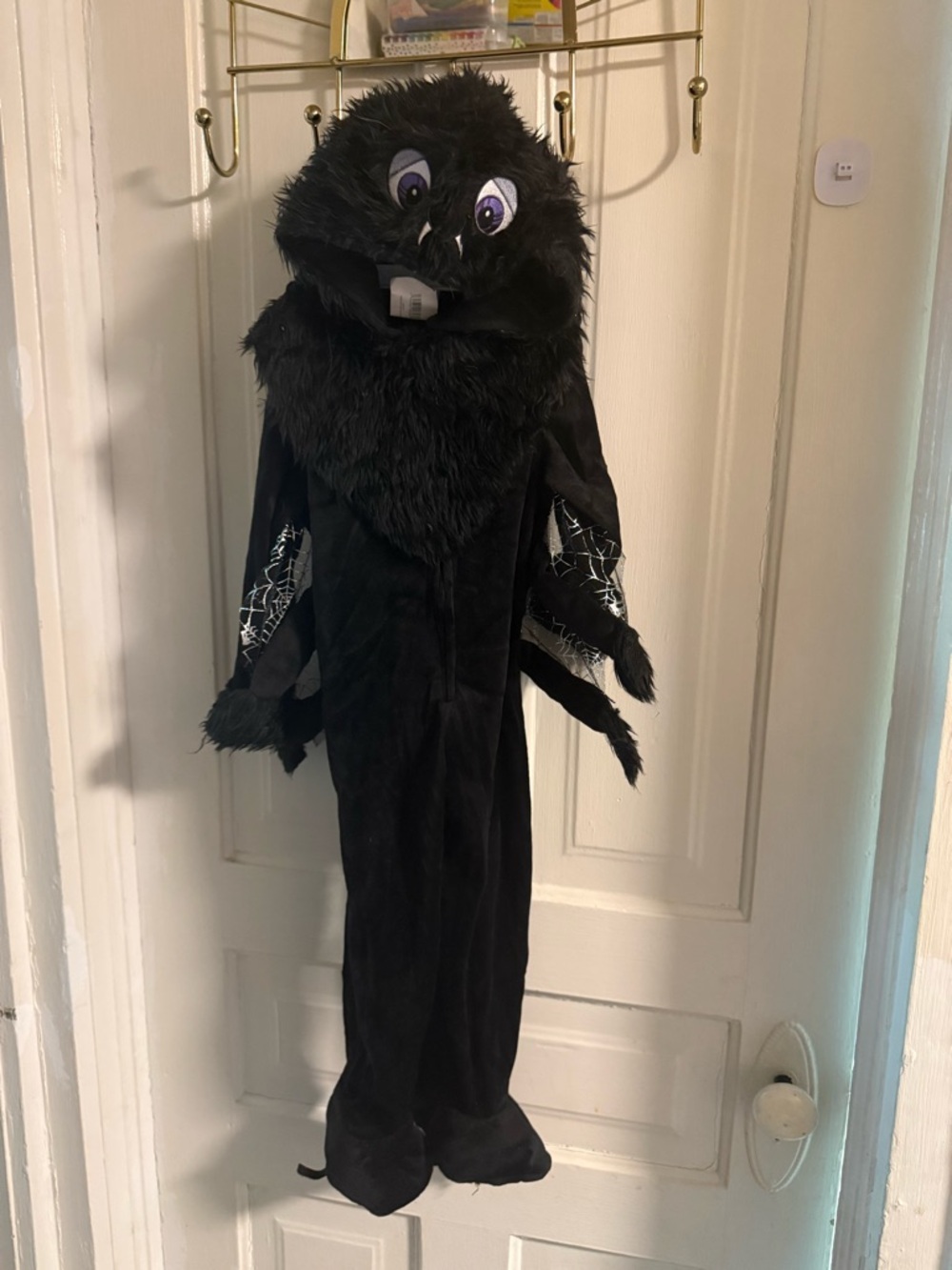 Black Fuzzy spider Kids Costume with Spiderweb Sleeve Accents